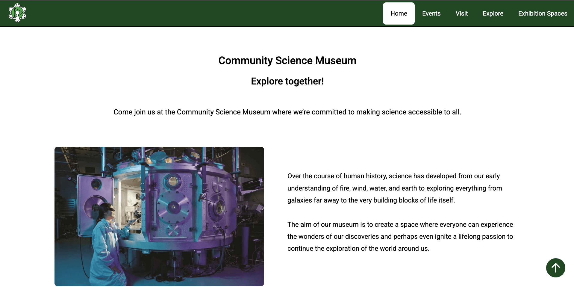 Community Science Museum website homepage screenshot
