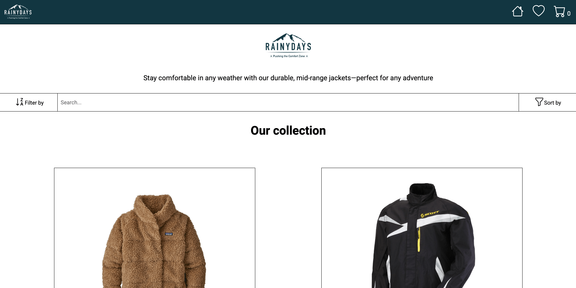 RainyDays e-commerce website homepage screenshot